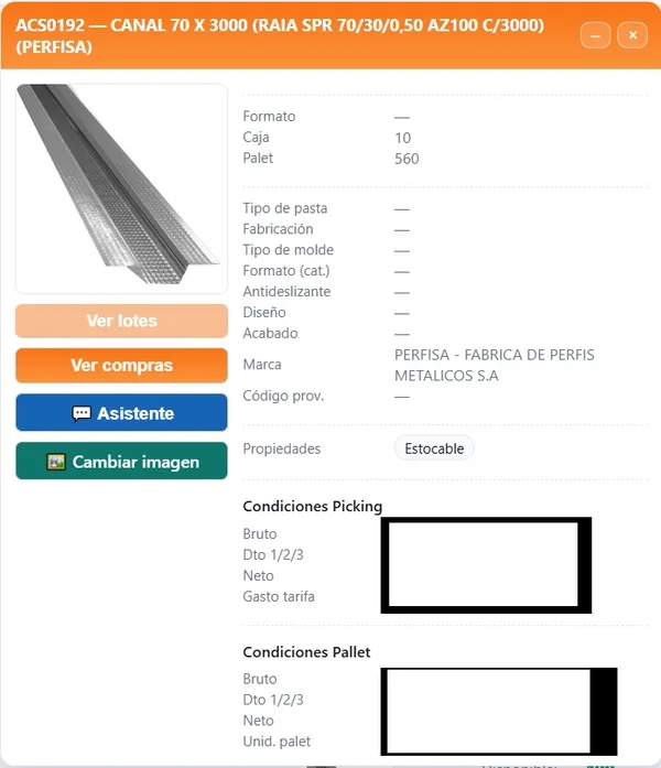Ficha de artículo con formatos, marca y condiciones